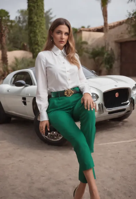 full shot photography of Hyper realistic woman in satin white blouse starched stiff collar green, red pants, french cuff, gold cufflinks, realistic photography, lux car, Jaguar, car in colour white, red and green, ad with the words "Viva Mexico" on vinyl, ...