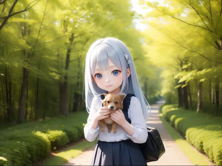 Cute little girl and puppy　Light blue long hair、Black eyes、Large in the center　Stroll through the yellow ginkgo forest　Fairy tale background、Fantasia、