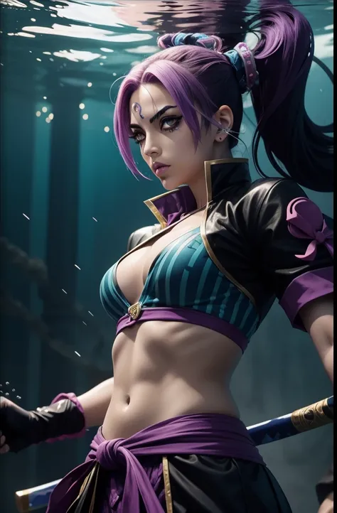 Jolyne cujoh Jojo Bizarre Adventures, Demon slaying style, Using a katana, water around the katana, water breathing, using a kimetsu no yaiba clothe style