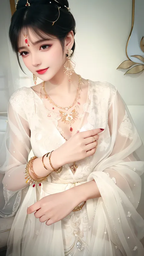 a close up of a woman in a white dress with a necklace and earrings, wearing elegant jewellery, very beautiful enga style, elegant glamor pose, very beautiful photo, wearing gold jewellery, traditional beauty, with lovely look, modeling shoot, wearing jewe...