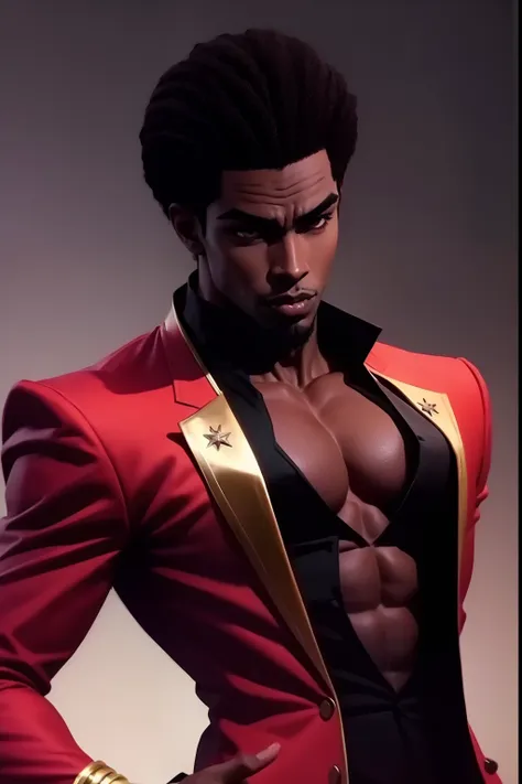 black young man, dio hairstyle, black hair, red suit, menacing, happy, lindo