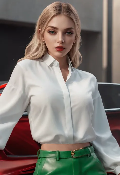 full shot photography of Hyper realistic woman in satin white blouse starched stiff collar green, red pants, french cuff, gold cufflinks, realistic photography, lux car, Jaguar, car in colour white, red and green, ad with the words "Viva Mexico" on vinyl, ...