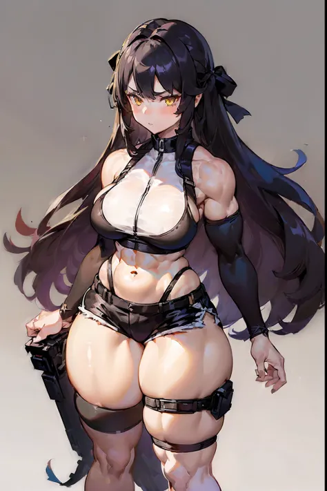 ((((((1 girl)))))), solo, black, hair, extremely long hair, yellow eyes, angry, ((((large breasts)))), ((((thick thighs)))), curvy, wide hips, (((((muscular))))), toned body, crop top, bike shorts, navel, abs, concrete