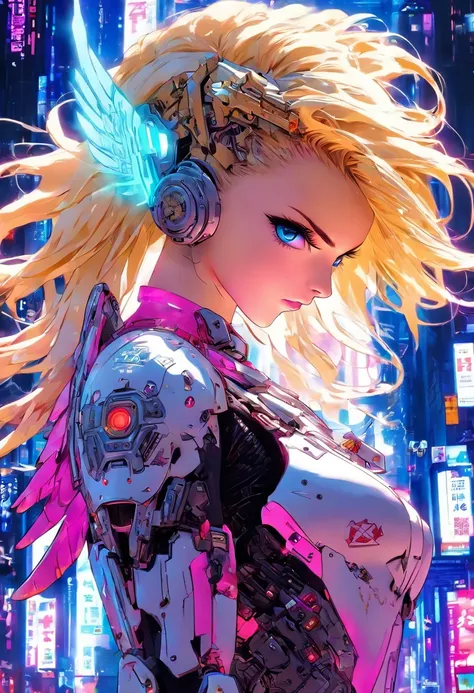 The most beautiful and gorgeous cyberpunk girl, long blonde hair, blue eyes, wearing highly detailed futuristic battle armor, mechanical angel wings, a glowing halo, magazine cover, tattoos and piercings, cherry blossoms blowing in the wind, futuristic cyb...