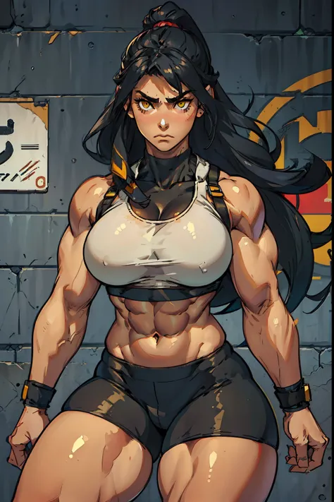 ((((((1 girl)))))), solo, black, hair, extremely long hair, yellow eyes, angry, ((((large breasts)))), ((((thick thighs)))), curvy, wide hips, (((((muscular))))), toned body, crop top, bike shorts, navel, abs, concrete