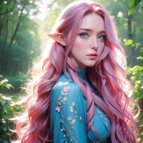 1 woman, long curly hair, pink hair, blue eyes, elf, forest setting, blue trees, magical background