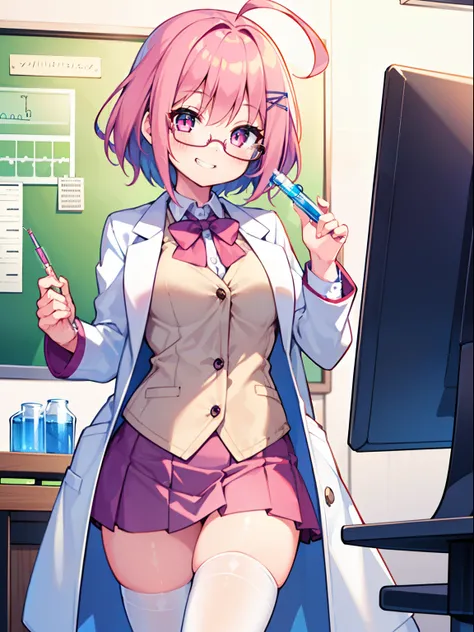 (1girl in:1.2), (Solo:1.2), nffsw、Shaders、Brilliant Textured Work、Ultra-detailed eyes、ultra-intricate pupil in eyes、top-quality、Draft style、Pink hair、Pink eyes、student clothes、Tiered mini skirt、Stockings、Student Shoes、Wearing a white coat、Under-rim glasses...