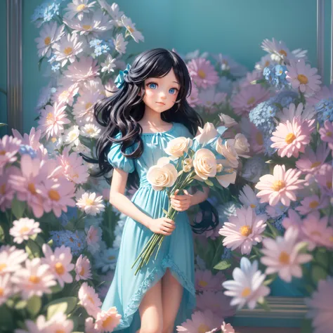 Movie Angle,( cute female child,Long black hair,Anatomically correct,full bodyesbian,Masterpiece flower room,Represents a light blue long dress,Fabric shoes,Holding a large bouquet of light blue flowers in both hands,ssmile),(illustration,paper art,a 3D re...