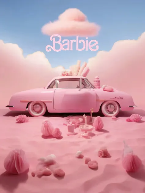 Alafi pink car with pink flowers and pink tissue balls in sand, Barbie, author：Gabriel Bar, Official artwork, inspired by Chris LaBrooy, barbiecore, made of cotton candy, promo art, music video, new album cover, Album art, 5 0 s aesthetic, album covers!, b...