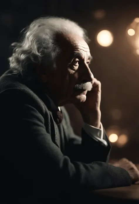 Albert Einstein pensive, futuristic dystopian environment