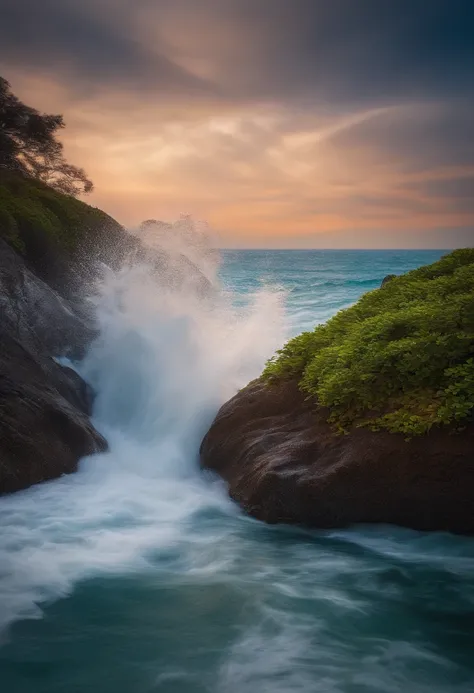 Elementos da natureza, como montanhas, trees or waves from the sea.