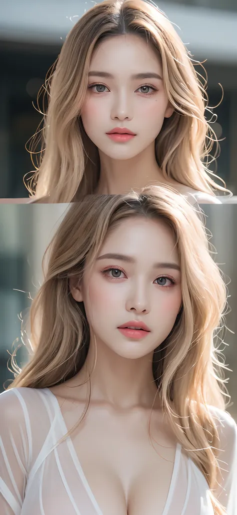 ((Best quality, 8k, Masterpiece :1.3)), Sharp focus :1.2, A pretty woman with perfect figure :1.4, Slender abs :1.2, Raw photography、超A high resolution, fair white skin、shiny white skin、(wavy blonde hair)、dark brown hair、dark brown hair、Beautiful eyes with...