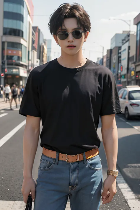 (​masterpiece、top-quality、top-quality、raw、A hyper-realistic)、Urban cityscape、Shibuya cityscape、a handsome、twinks、(((Cool male idol like BTS wearing sunglasses)))、A slender、(((Wear a plain black T-shirt all over your body.)))、((whole body visible))、(standin...