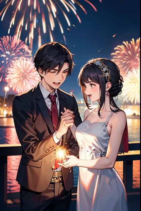 a young man and a woman，young couples，plaza，splendid fireworks，spectacular fireworks display