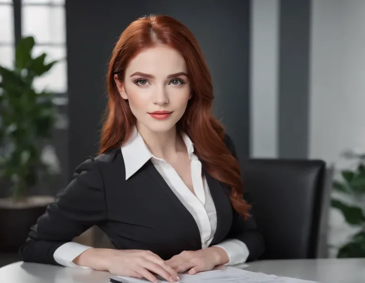 a girl with vibrant red hair, wearing a crisp white blouse, a sleek black skirt, and elegant high heels. The focus is a full-body shot, capturing her confidence and poise. The girl stands in a modern and sophisticated office, with a sleek glass desk and mi...