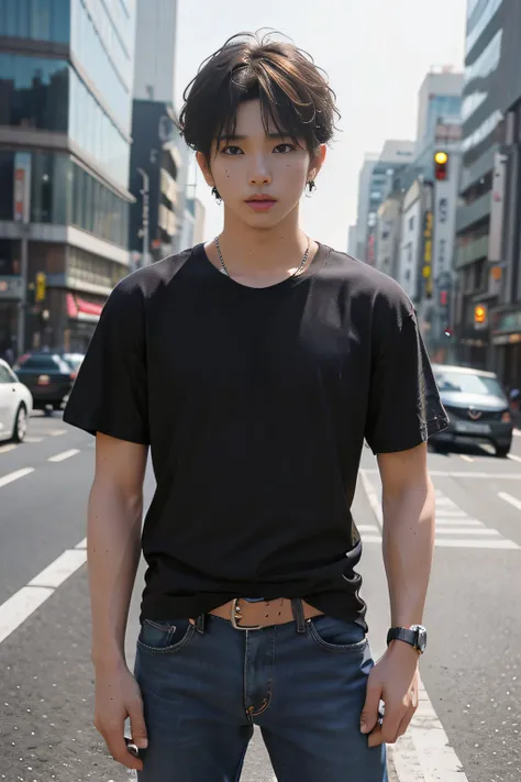 (​masterpiece、top-quality、top-quality、raw、A hyper-realistic)、Urban cityscape、Shibuya cityscape、a handsome、twinks、(((Cool BTS guy)))、A slender、(((Please wear a plain black t-shirt all over your body.)))、((whole body visible))、(standing straight ahead)、Weari...