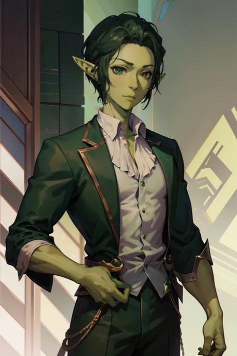 an anime character with green skin, (((green skin))), 35-year-old man, elf ears, scales, library background, green hair, perfect...