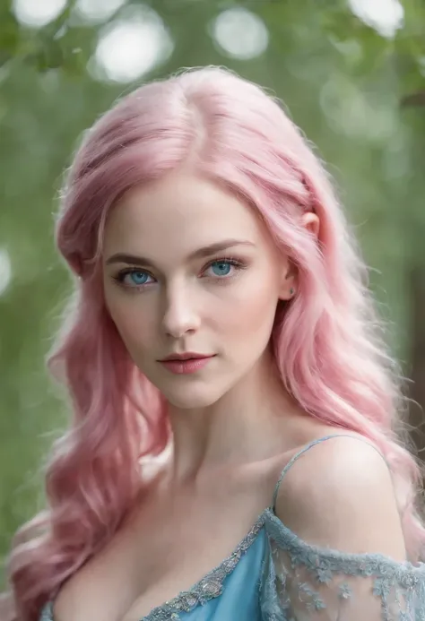 1 woman, pink hair, long curly hair, blue eyes, elf