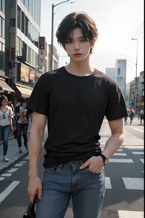 (​masterpiece、top-quality、top-quality、raw、A hyper-realistic)、Urban cityscape、Shibuya cityscape、a handsome、twinks、(((Cool BTS guy)))、A slender、(((Wear a plain black T-shirt all over your body.)))、((whole body visible))、(standing straight ahead)、Wearing jean...