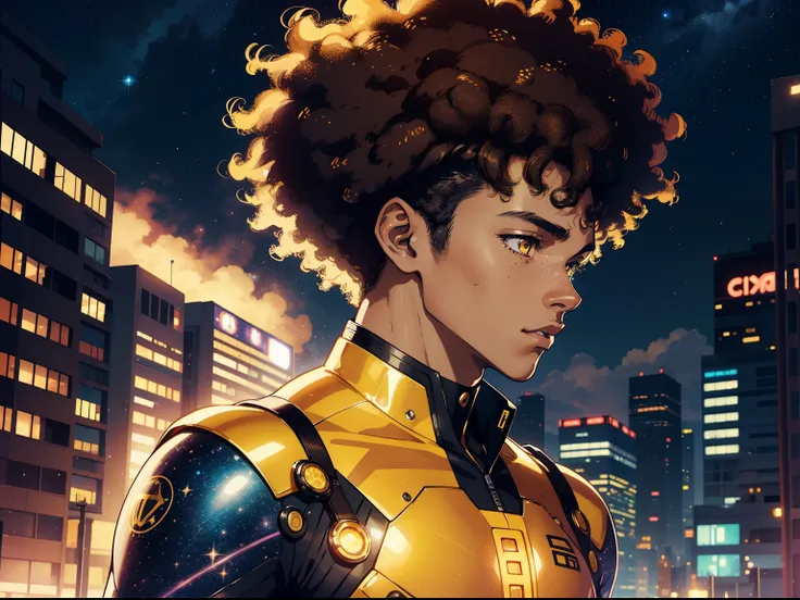 Afro-Latino man with cute yellow eyes, brown afro hair, male, starry freckles, anime style, close up, side view, side profile, 4k image, holographic suit outfit, city background