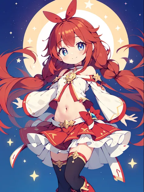 (1girl in:1.2), (Solo:1.2), nffsw、Shaders、Brilliant Textured Work、Ultra-detailed eyes、ultra-intricate pupil in eyes、top-quality、red hairs、Very long hair、magical little girl、Star Ribbon、Double knot、Sanpaku eyes、Stars in the eyes、Navel、Shoulder out、gals、Sepa...