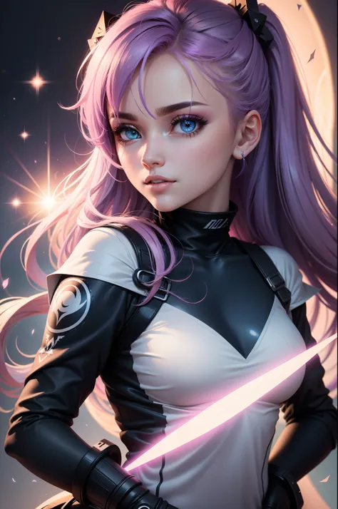 Mulher ninja com fone de ouvido sentido paz, olhos brilhantes com estrela, rosto bonito, cores RGB, cabelo rosa brilhante, colorido anime, fundo brilhante, Banner for youtube video, menina feliz, nuvens com cores RGB, cores RGB brilhantes, completo, ser ce...