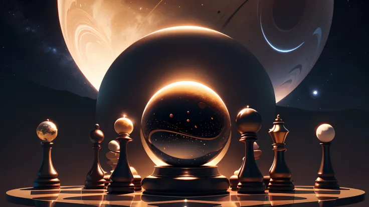 A beautiful BEIGE hourglass, Themed black and bronze in a night sky with full moon and giant planet Saturn behind, 8k, 3D-rendering, Hiper realista,  logo is on a mirrored chessboard, NVIDIA, ray-traced, Bokeh, profundidade de campo, Sinalizadores,