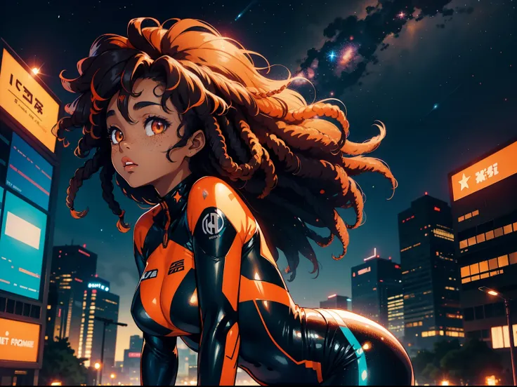 Half-black mixed lady with cute orange eyes, long curly brown hair, female, starry freckles, anime style, close up, side view, side profile, 4k image, holographic suit outfit, city background