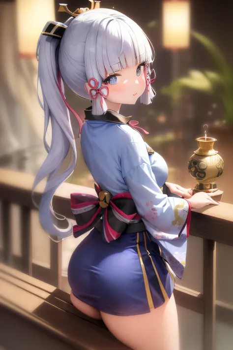 ​masterpiece, Hi-Res, top-quality, 1girl solo, kamisato_ayaka, a smile, kimono、(a miniskirt、upturned ass、light skinned、kawaii、Embarrassing、Super beauty、Upturned、Get on all fours with your big butt sticking out towards the viewer、While staring at the viewer...