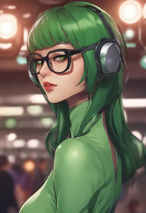 korone, shiny skin, shiny body, fembot,shiny, green hair, glasses, wearing black frame glasses, female android,with glasses,Asian,popular pronstar,Scientist