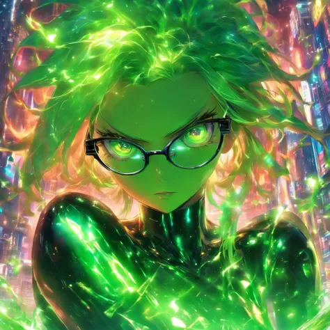 korone, shiny skin, shiny body, fembot,shiny, green hair, glasses, wearing black frame glasses, female android,with glasses,Asian,popular pronstar,Scientist