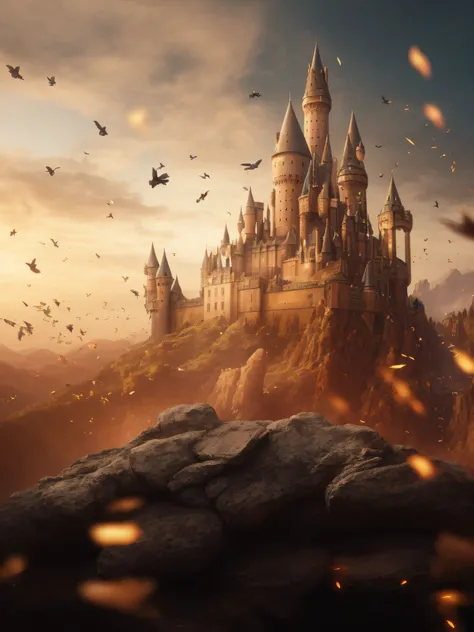 There is a castle on the hill，There are a lot of birds flying around, 3 d render and matte painting, hogwarts legacy, background hogwarts, castles floating in mid air, epic cinematic matte painting, realistic matte painting, amazing exquisite matte paintin...