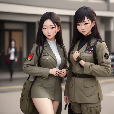 Hot Asian girls wearing a military suit