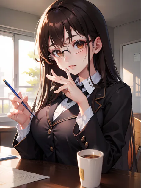 1人の女性、brown haired(Curta)、Brown eyes、Black-rimmed glasses、 Best Quality、ultra-detailliert、8K resolution、Raw photo、seductive boobs、gorgeous faces、schools、Blazer Uniform、18year old