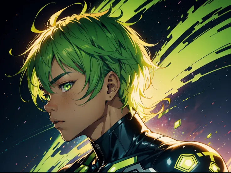 Blasian man with cute lime green eyes, lime green hair, male, starry freckles, anime style, close-up, side view, side profile, 4k image, holographic suit outfit, city background