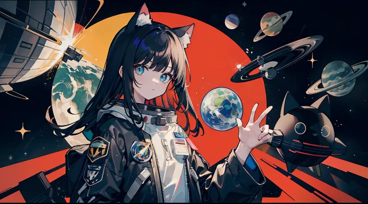 astronaut, black hair, cat ears, black suit, outer space, colorful planets,absurdres, high res, ultra sharp, 8K, masterpiece