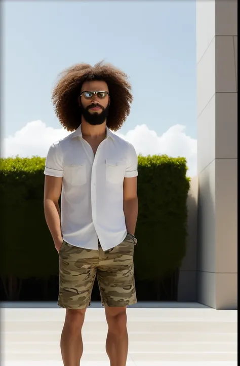 Make realistic full-body portrait: yellow-skinned cyclops with curly hair and beard wearing camouflage shorts and white dress shirt with single blind eye, Luz Natural, Mediterranean beauty in modern American style, obra-prima apresentada no Museu do Louvre...