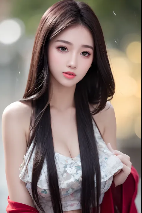 ((Best Quality, 8k, Masterpiece: 1.3)), Focus: 1.2, Perfect Body Beauty: 1.4, Buttocks: 1.2, ((Layered Haircut)), (Wet Clothes: 1.1), (Rain, Street:1.3), (Breasts: 1.2), (Hanfu: 1.2), Bare Shoulders, Bare Legs, Highly Detailed Face and Skin Texture, Fine E...