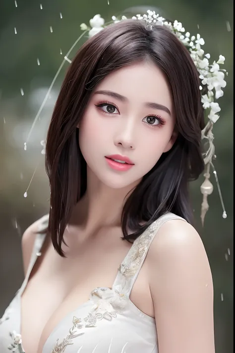 ((Best Quality, 8k, Masterpiece: 1.3)), Focus: 1.2, Perfect Body Beauty: 1.4, Buttocks: 1.2, ((Layered Haircut)), (Wet Clothes: 1.1), (Rain, Street:1.3), (Breasts: 1.2), (Hanfu: 1.2), Bare Shoulders, Bare Legs, Highly Detailed Face and Skin Texture, Fine E...