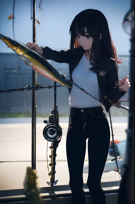 ((((Have fishing rod with a reel:1.5)))),((Female 28 years old)),((Best Quality:1.5)),(((Hands with the correct number and structure of fingers:1.4))),((lakeside:1.37)),hight resolution,ultra-detailliert,​masterpiece,best qualtiy,(Eight-headed body),Black ...