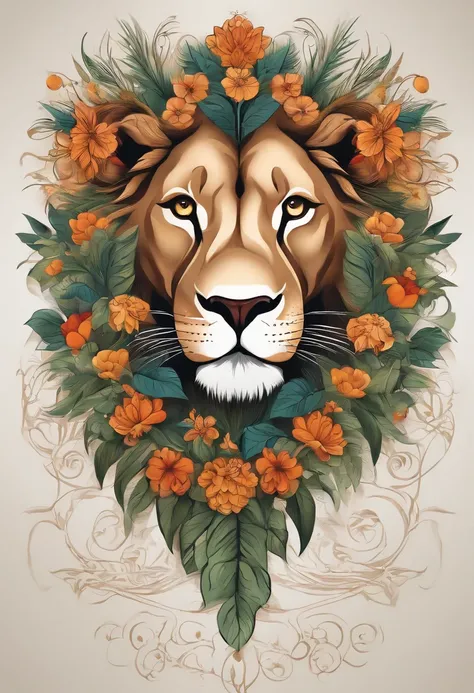 Rie a lion tattoo that incorporates elements of nature, como folhas e flores, to symbolize the balance between strength and harmony. Focus on delicate lines to portray the lion as an integral part of the natural environment.