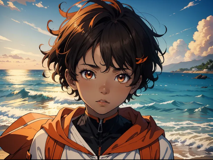 Half-black boy with soft orange eyes, short curly light brown hair, male, anime style, 4k image, close up , wrapped around in wind, wearing prep outfit, ethereal, beach background