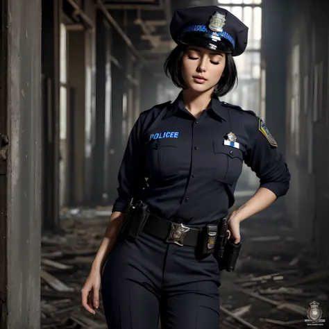 16 K HDR, hight resolution, (masterpiece, Best Quality, hyper realistic photography), (1girl in, Solo), (Super sexy and beautiful police officer:1.3), Slim body, Cool Beauty Face, (Black hair, Short hair), (ultra gigantic tits:1.5, Realistic police officer...