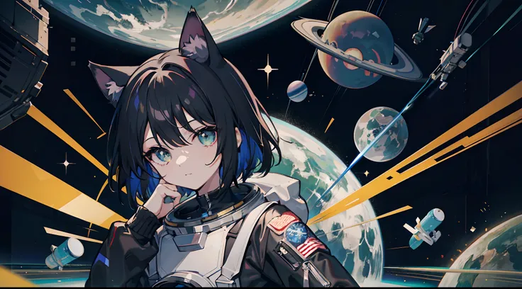 astronaut, black hair, cat ears, black suit, outer space, colorful planets,absurdres, high res, ultra sharp, 8K, masterpiece