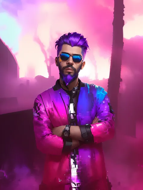 a man with a beard and sunglasses, cyberpunk art, funk art, stunning gradient colors, stylized portrait h 704, pompadour, twitch streamer, cold colors. insanely detailed, t-800, no watermark signature, in rich color, outrun