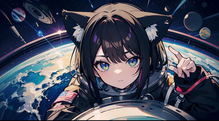 astronaut, black hair, cat ears, black suit, outer space, colorful planets,absurdres, high res, ultra sharp, 8K, masterpiece