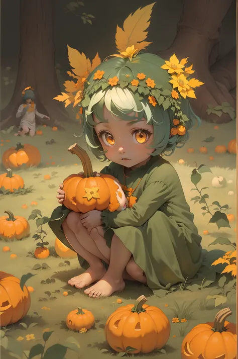 a child girl with short green hair, orange eyes, orange dress, kneeling and barefoot in a field of pumpkins;