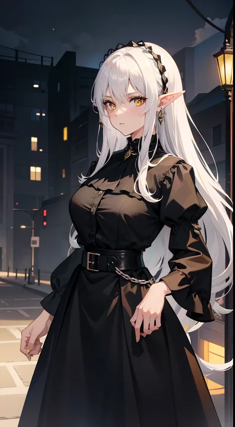 1woman,30s ,serius face,black Blouse,black skirt,medium tits,white hair,long hair,yellow eyes,elves ears,road,night