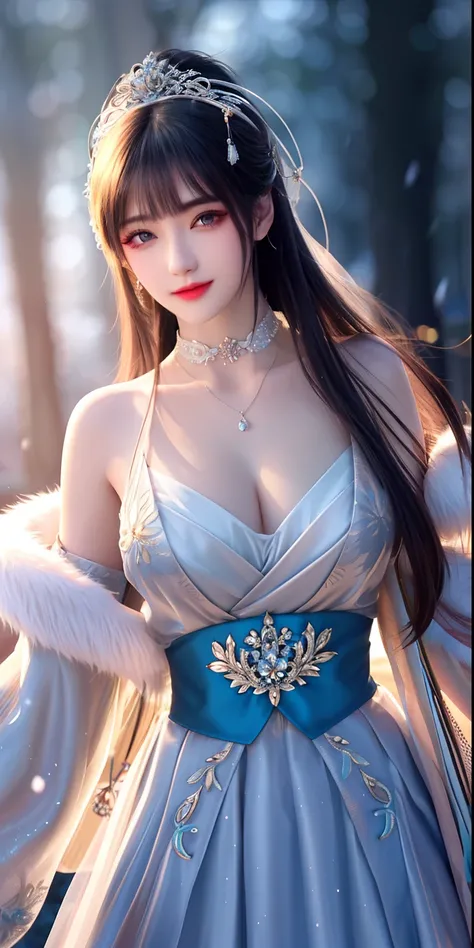 best qualityer，8K， tmasterpiece， A high resolution， 1girll， Clear silk porcelain dress， Fur coat， hair adornments， ssmile， Keep ones mouth shut， cparted lips，Large breasts，Shoulder， shift dresses， hair adornments， choker necklace， jewely， Chinese outfit， l...