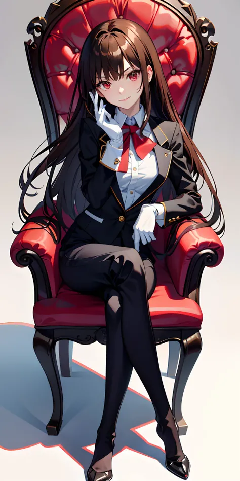 (masutepiece), Expressive eyes, Perfect face, Correct human body,Correct fingers，Correct foot，Correct Structure，1人の女性, Seductive smile,Brown hair，Longhaire，Red Eyes， Wearing a trouser suit，Wearing white gloves，Sitting on the Red Throne((crossed legs)), nic...